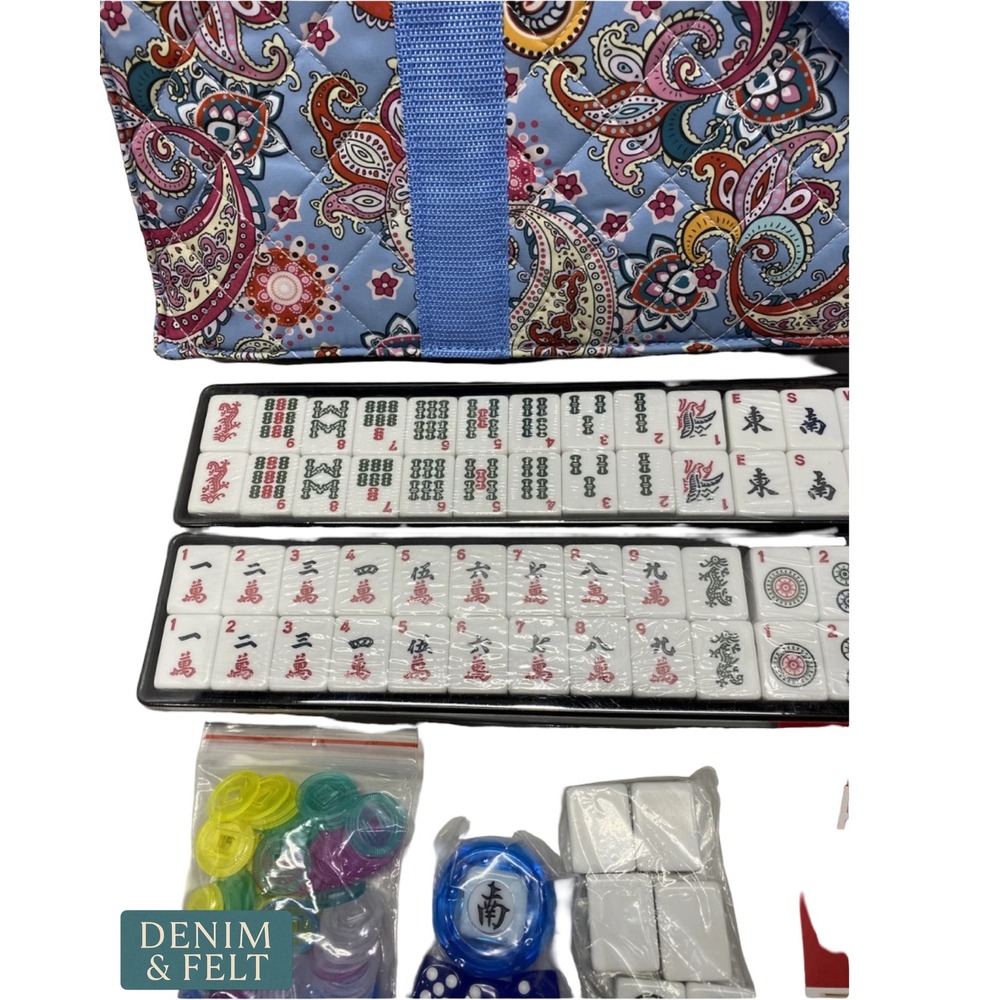 American Mahjong Set 166 Tiles 4 Acrylic Racks Blue Paisley Quilted Travel Bag - Picture 5 of 8
